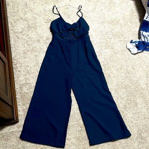 Main Strip Navy Blue Tie Front Cut Out Jumpsuit